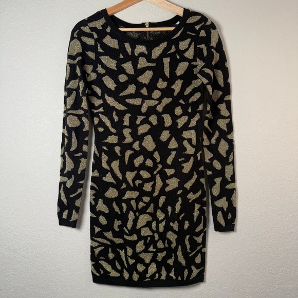 Moda International Dress XS Black Gold Metallic Animal Print Long Sleeve - Picture 2 of 9